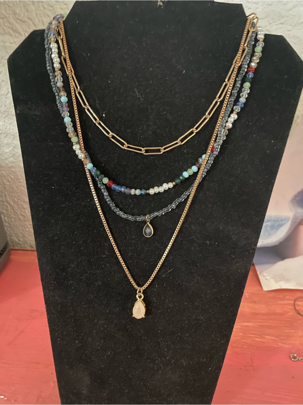 Layered Multicolor Bead and Gold-Tone Pendant Necklace